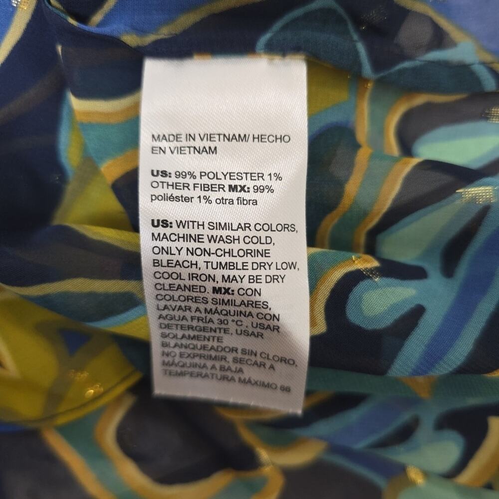 Chico’s Abstract Print Sheer Blouse Blue Green Yellow Ruffle Neck Metal Size L - Picture 7 of 8